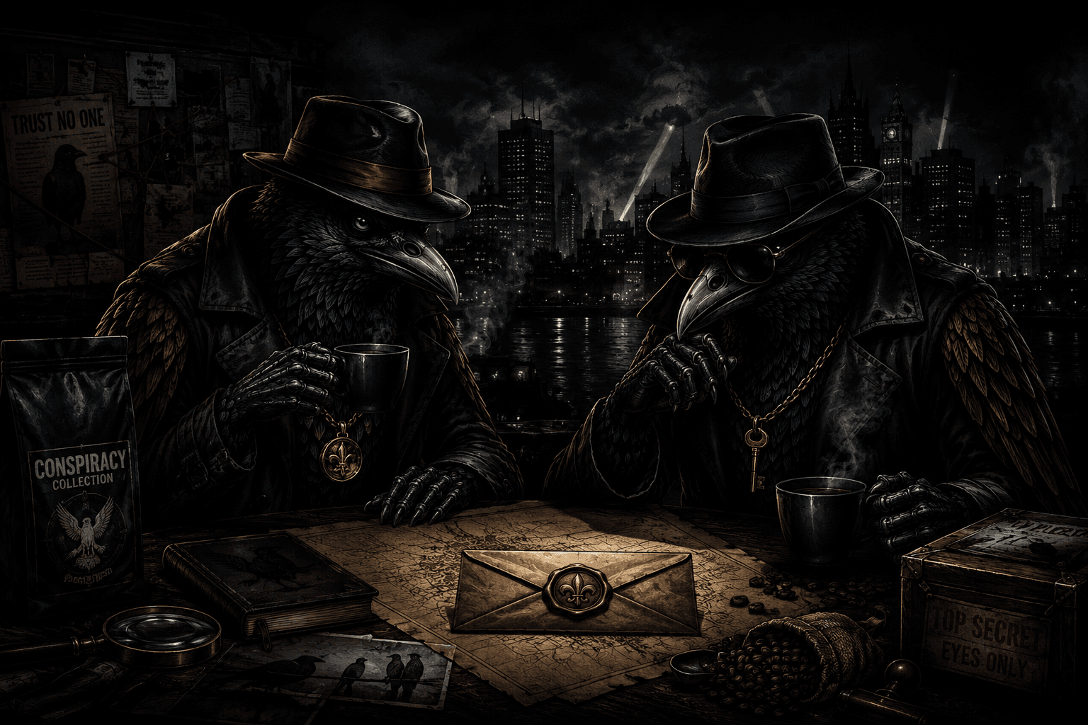 Two trench-coated crow operatives exchange a sealed envelope over a noir city skyline