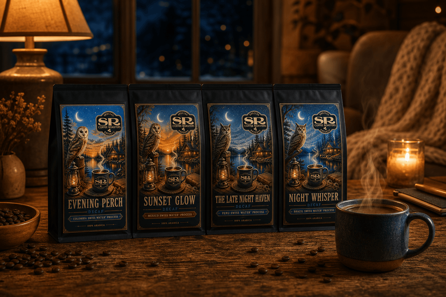 Four Decaf Collection coffee bags on a rustic table in a cozy, warmly lit evening scene with a steaming mug and candlelight