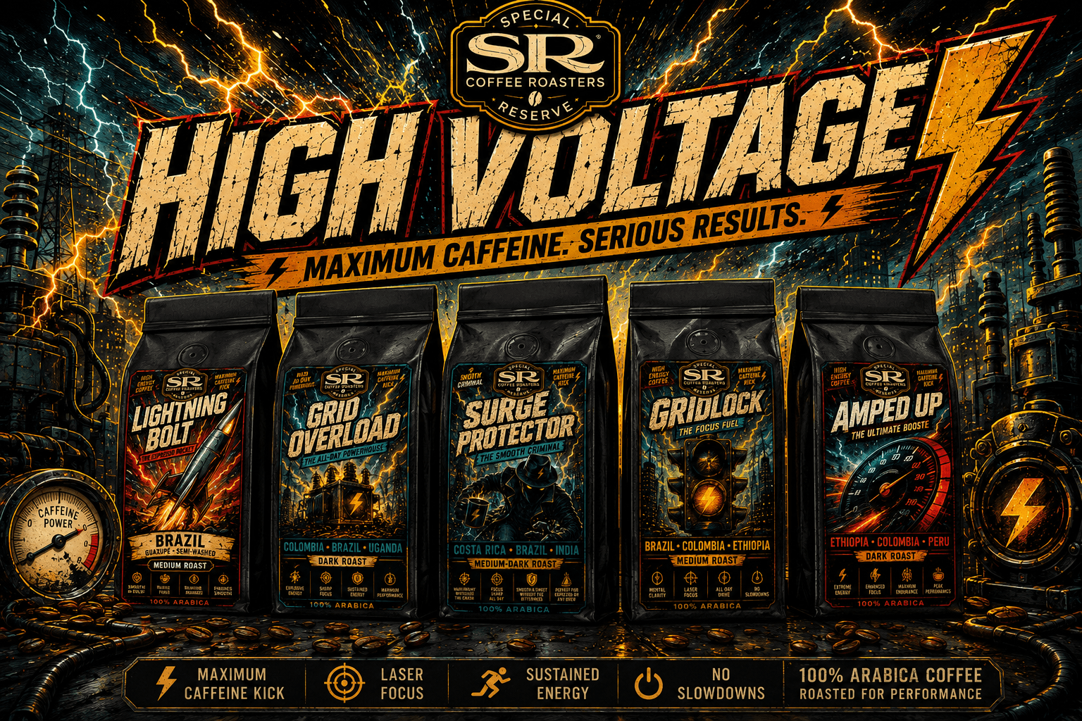 High Voltage Coffee — five bold coffee bags (Lightning Bolt, Grid Overload, Surge Protector) on a lightning-charged industrial backdrop with the SR Coffee Roasters logo