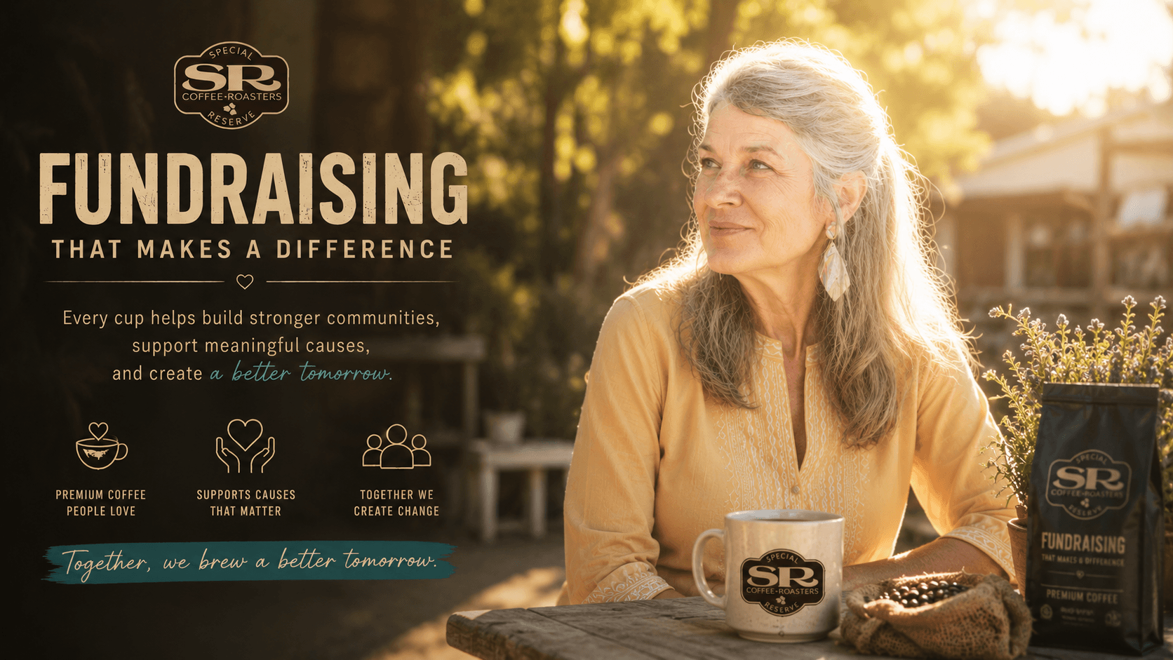 A woman enjoying Special Reserve coffee on a sunlit patio, with a branded mug and Fundraising Program coffee bag