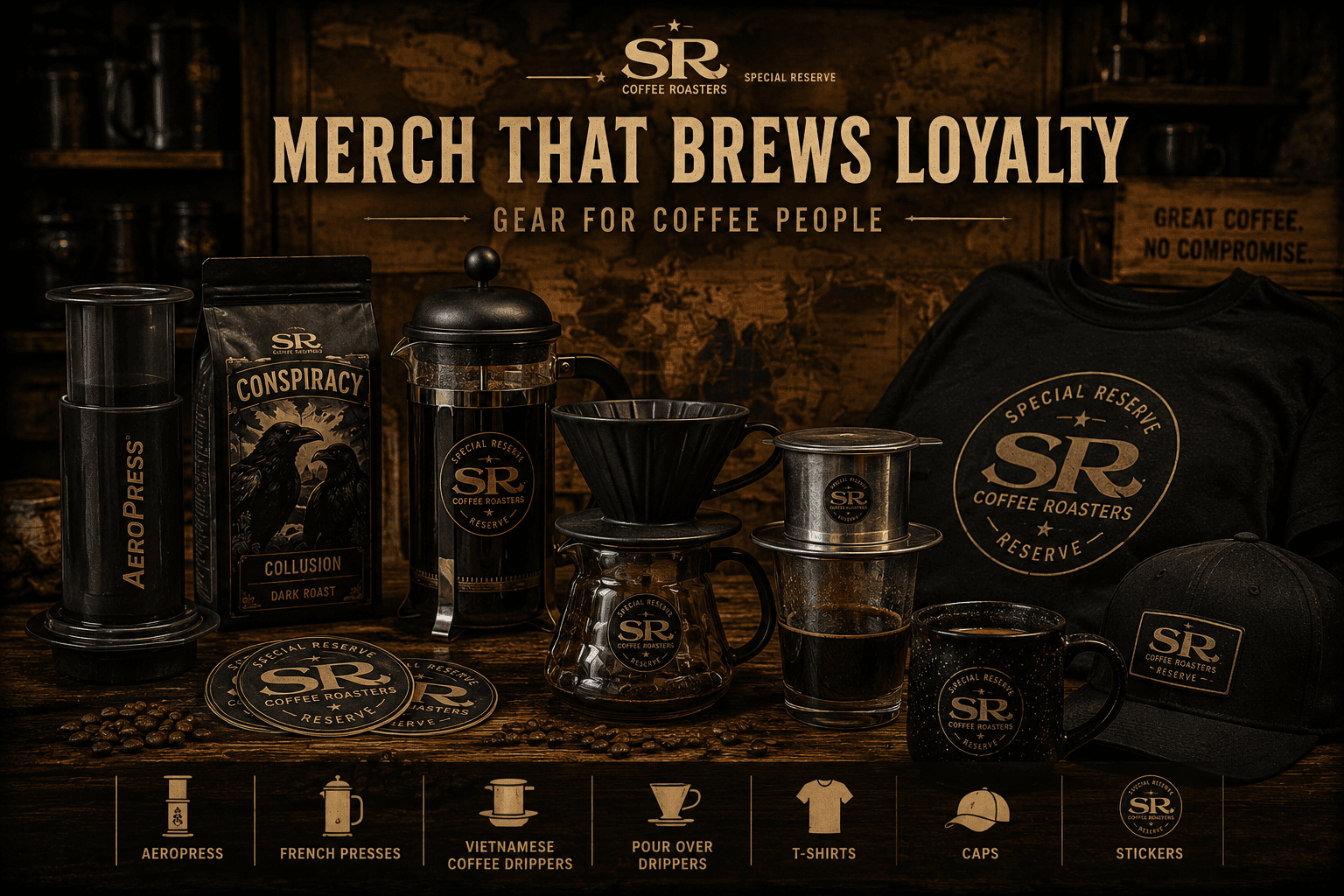 Special Reserve Coffee merchandise — AeroPress, French press, pour-over drippers, a Conspiracy coffee bag, branded t-shirt, cap, mug, and coasters, arranged on a rustic table