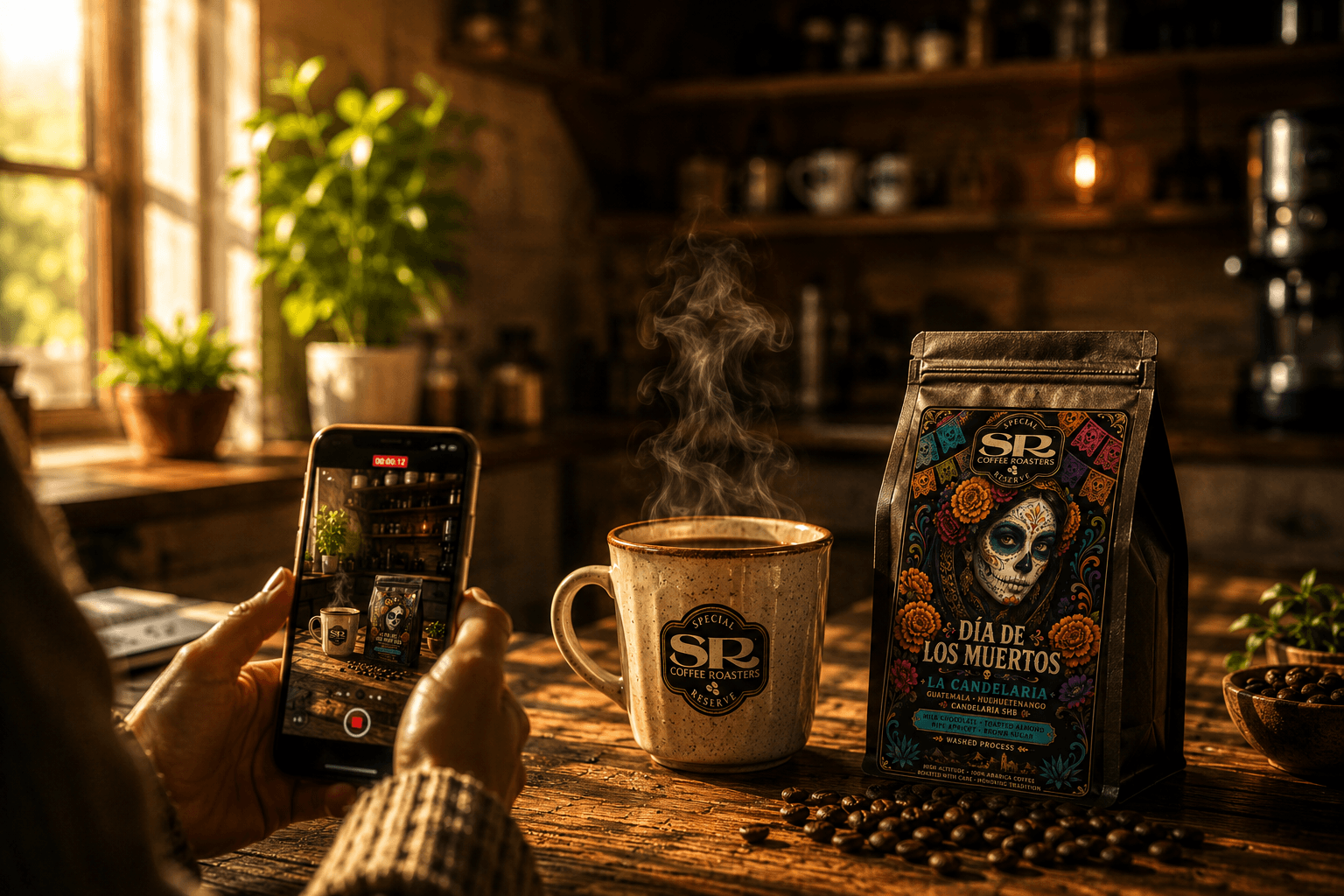 A customer filming a video of their steaming Special Reserve coffee mug and Día de los Muertos coffee bag on a warm, sunlit kitchen counter