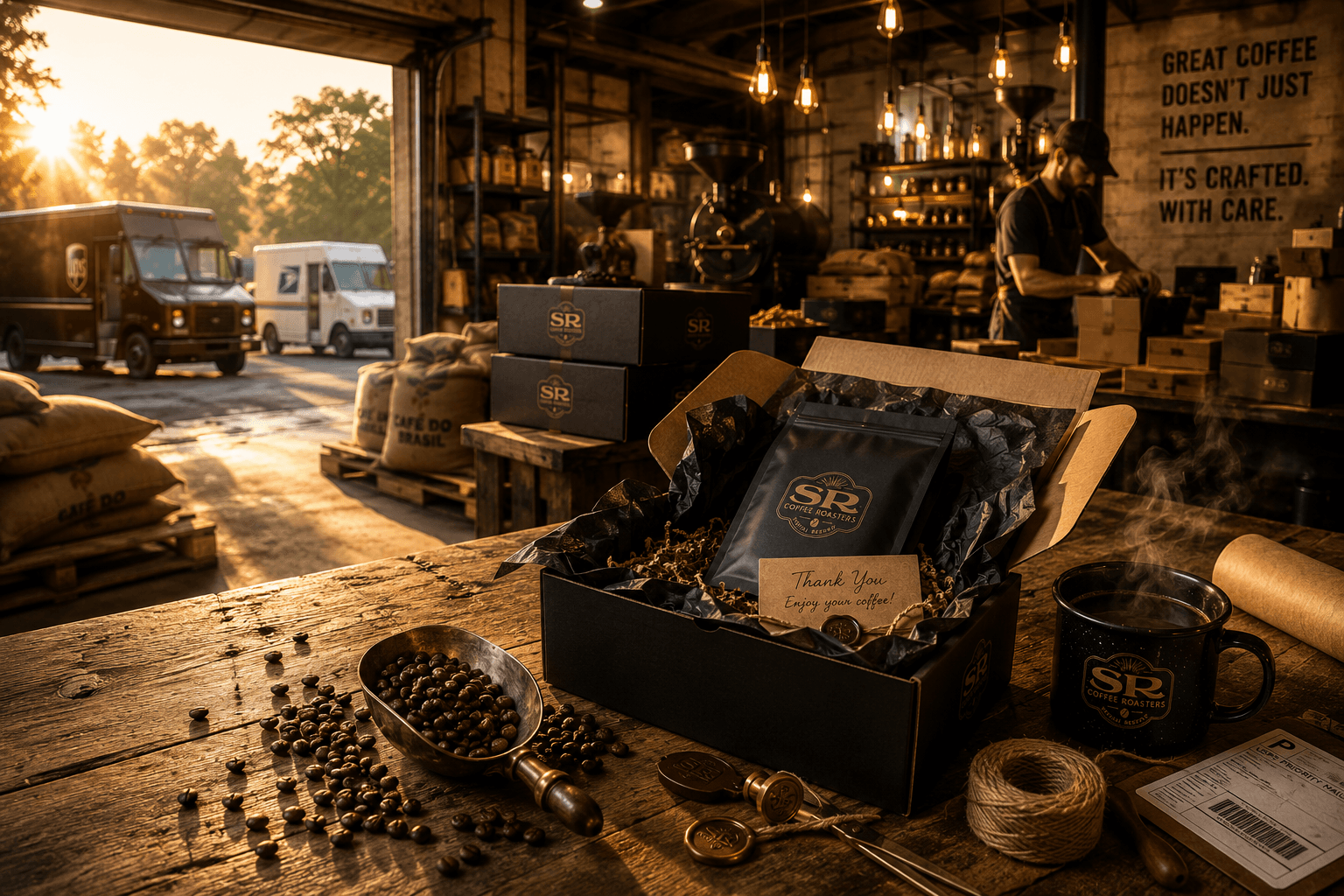 A freshly packed Special Reserve Coffee shipment on a weathered wooden workbench at the roastery, with USPS and UPS trucks loading at golden hour in the background