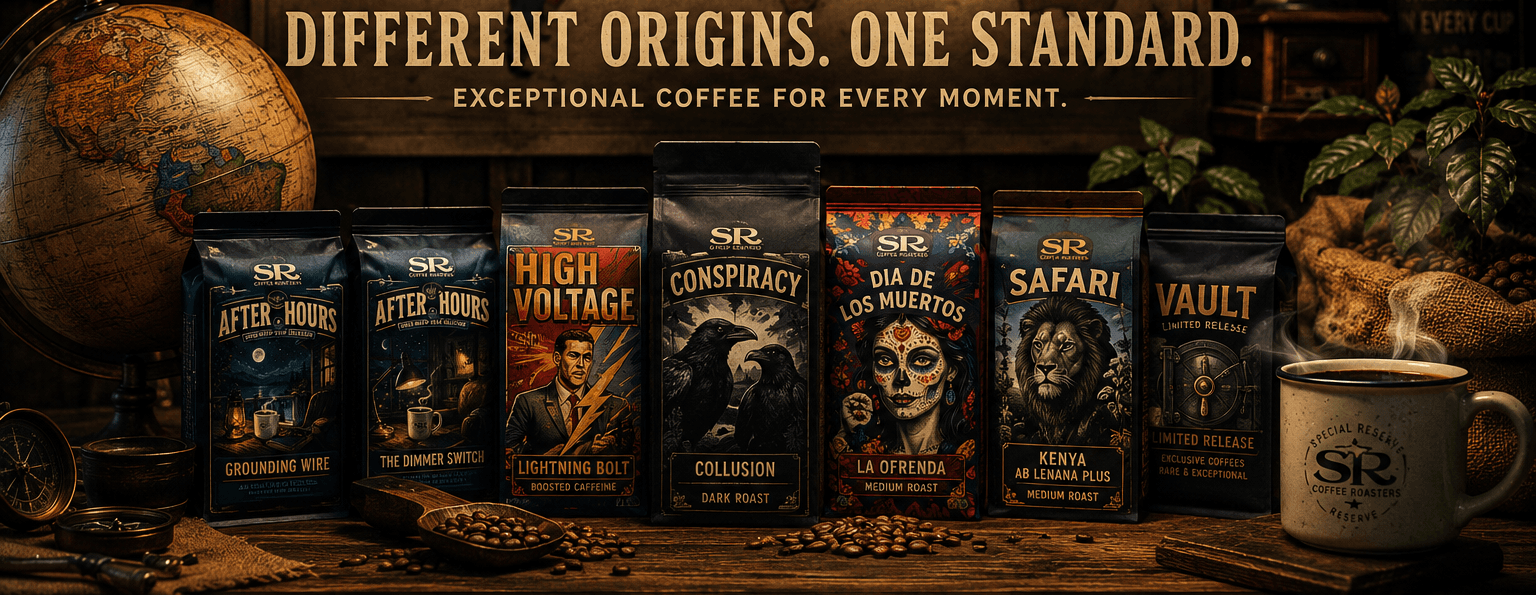 A lineup of Special Reserve Coffee bags — Après Hours, High Voltage, Conspiracy, Día de los Muertos, Safari, and The Vault — on a rustic table with a steaming mug and coffee beans